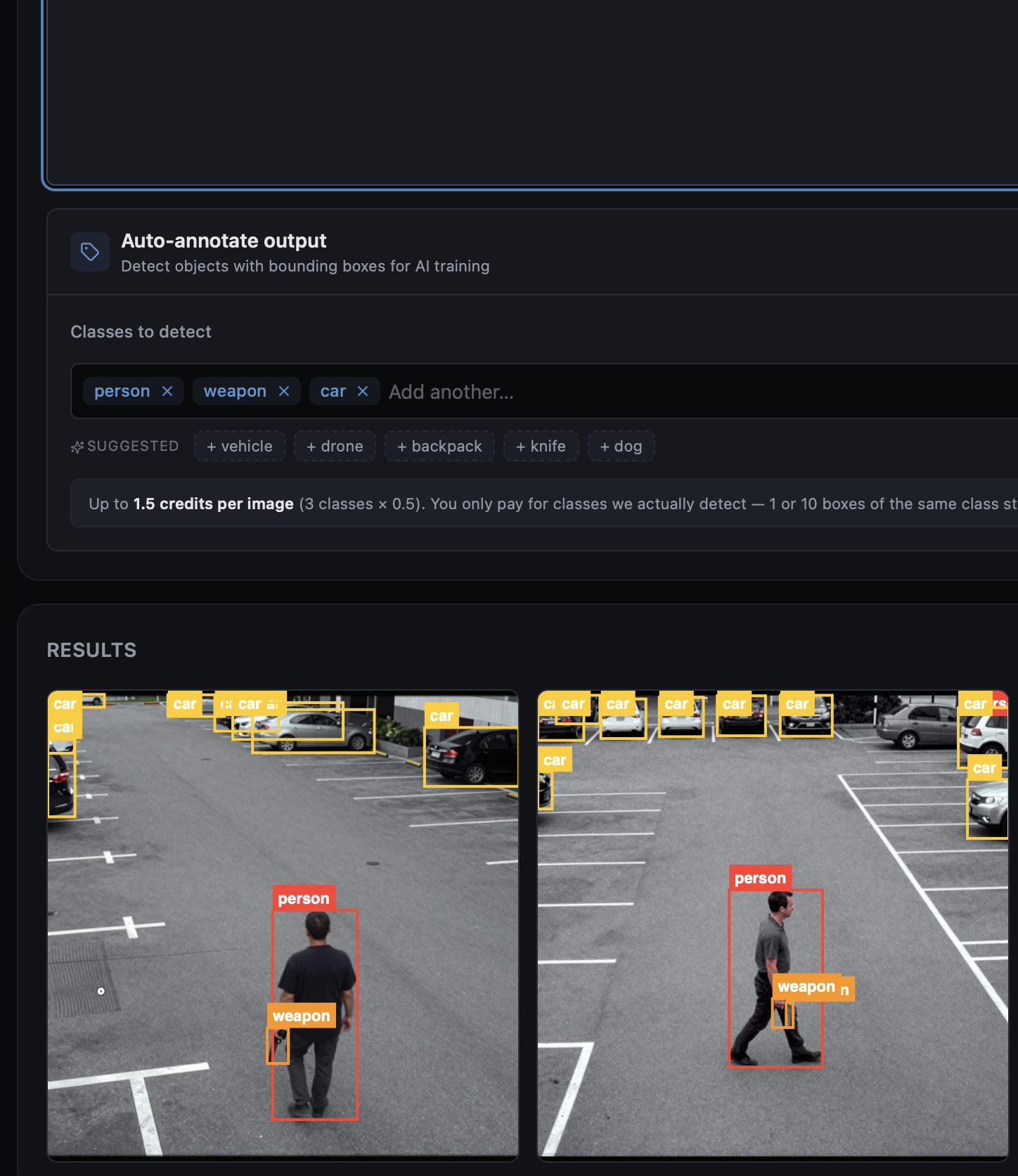 Two synthetic CCTV frames of a parking lot with auto-generated YOLO bounding boxes for person, weapon, and car classes