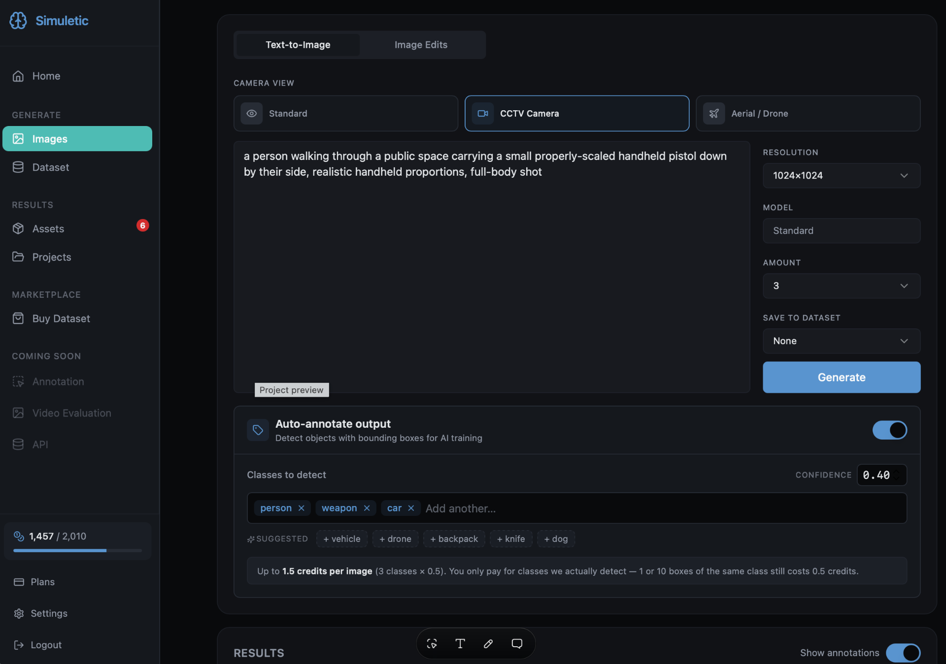 Simuletic Studio image generation interface with the Auto-annotate output panel expanded, showing classes person, weapon, and car and a 0.40 confidence threshold