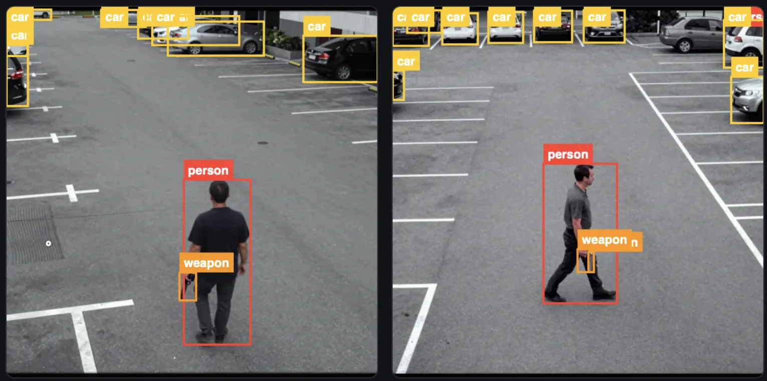 Two synthetic parking-lot CCTV frames with boxes for person, weapon and car