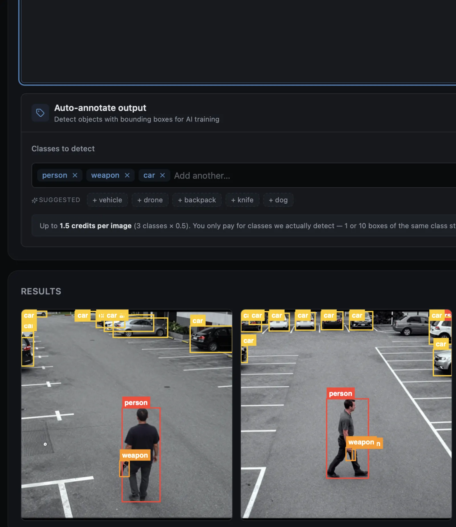 Two synthetic CCTV frames of a parking lot with auto-generated YOLO bounding boxes for person, weapon, and car classes