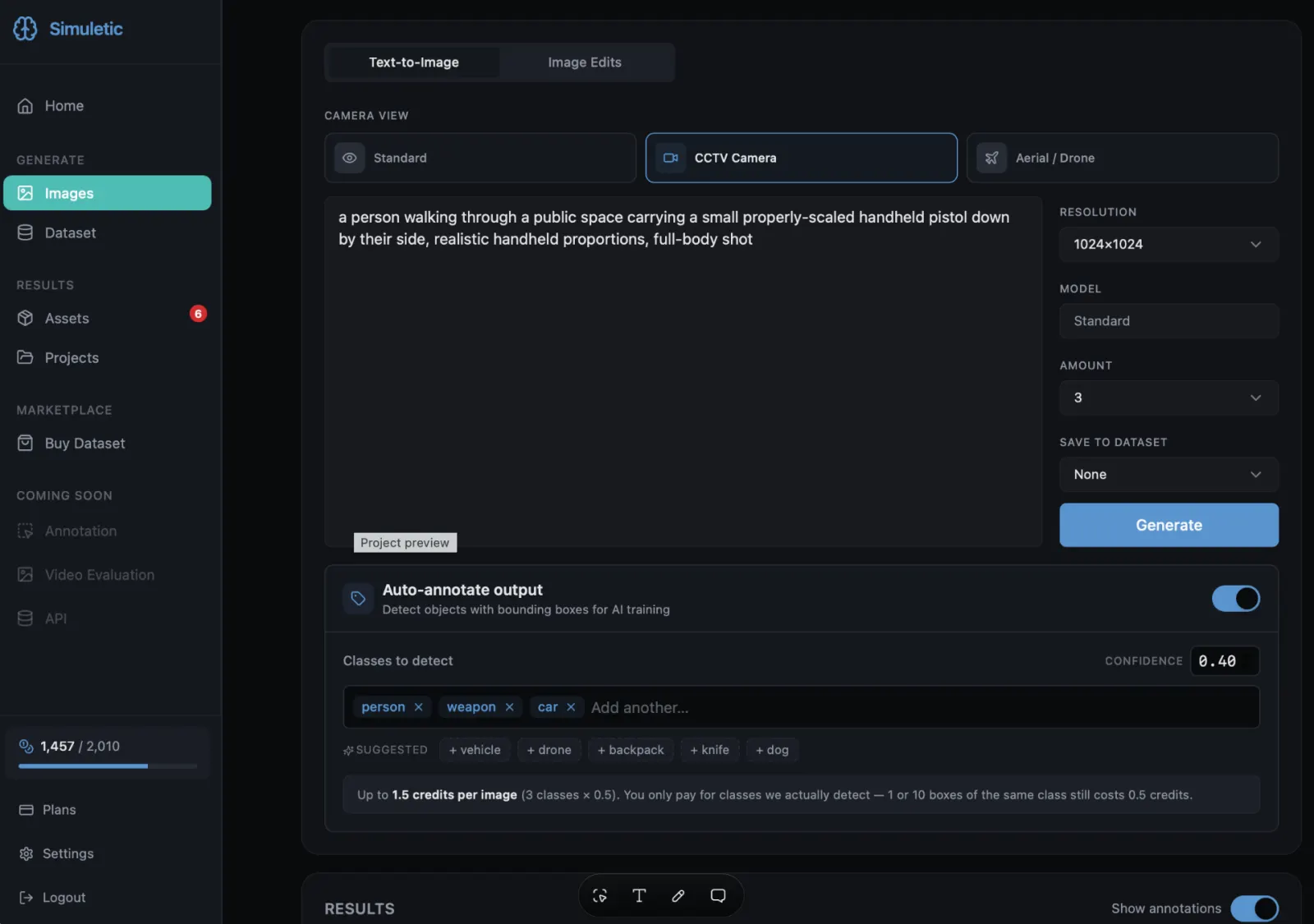 Simuletic Studio image generation interface with the Auto-annotate output panel expanded, showing classes person, weapon, and car and a 0.40 confidence threshold