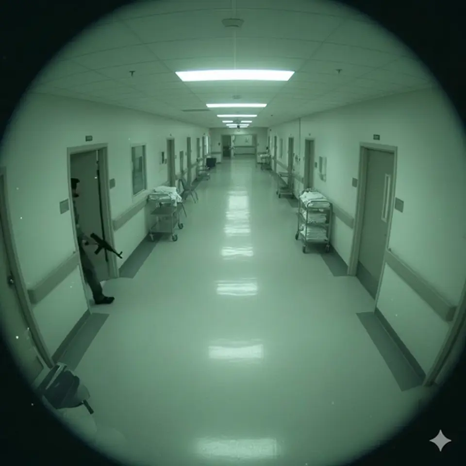 Poster frame: Hospital corridor threat clip from one empty frame